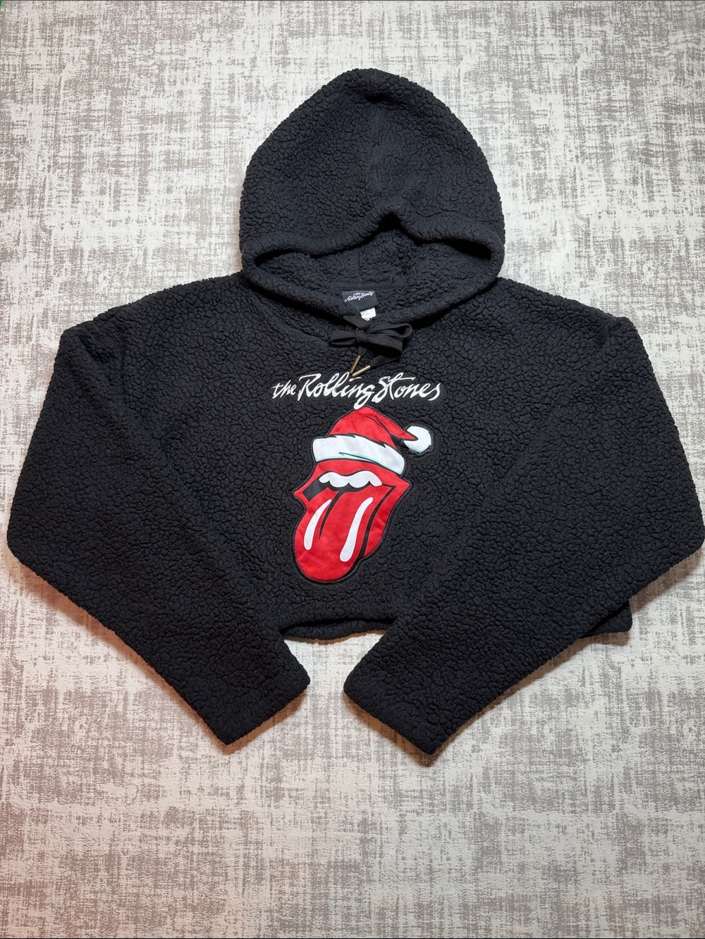 The Rolling Stones Black Sherpa Cropped Hoodie Graphic Size Small